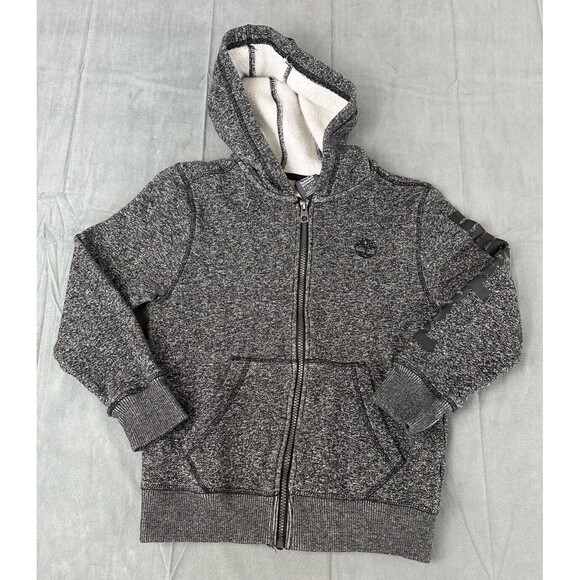Timberland Full Zip Hoodie Boys Small Gray Charcoal Spell Out Sleeve Logo - Picture 1 of 10